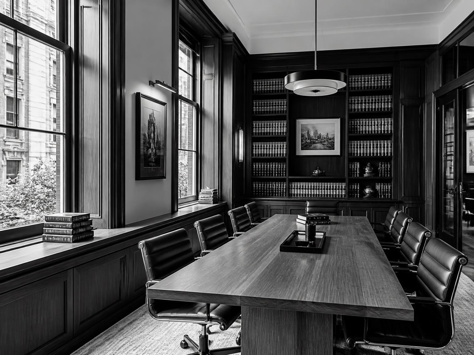 Sala de reuniones del despacho Century Abogados en blanco y negro